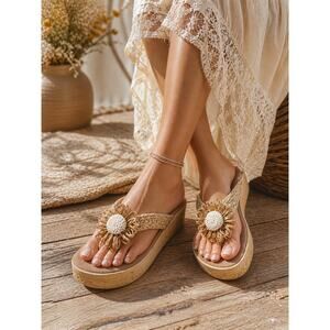 Y2K/90s Wedge Platform Sandals Size 8 Rattan Flower Detail Summer Shoes Sbicca